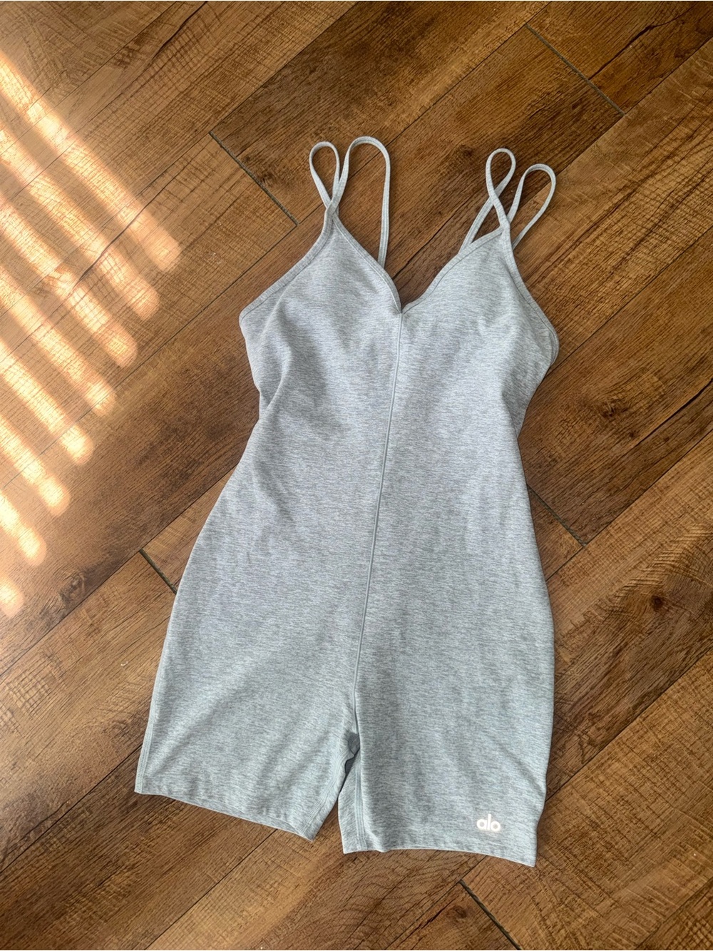 ALO Yoga Suns Out Onesie Light Gray Strappy Romper